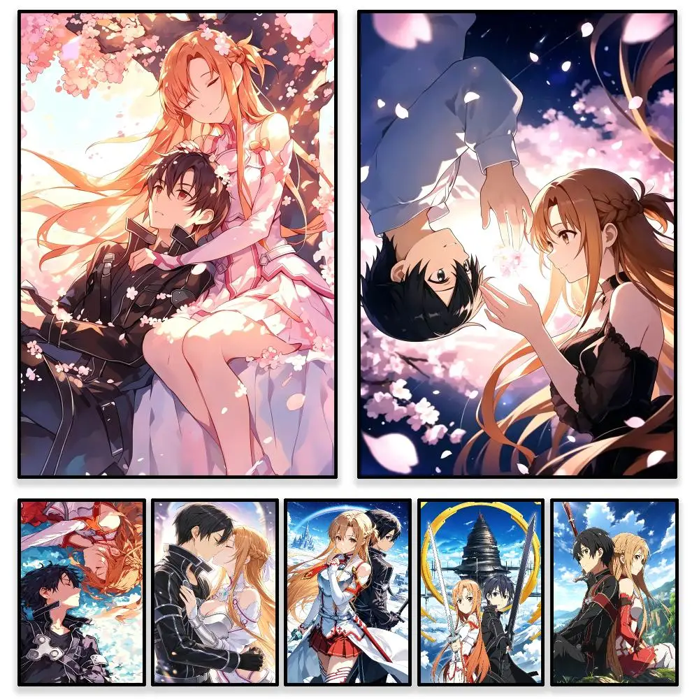 Anime Sword Art Online Kirito Asuna Poster Self Adhesive PP Wall , Waterproof Wall Decor Gift for Bedroom, Office and Dorm