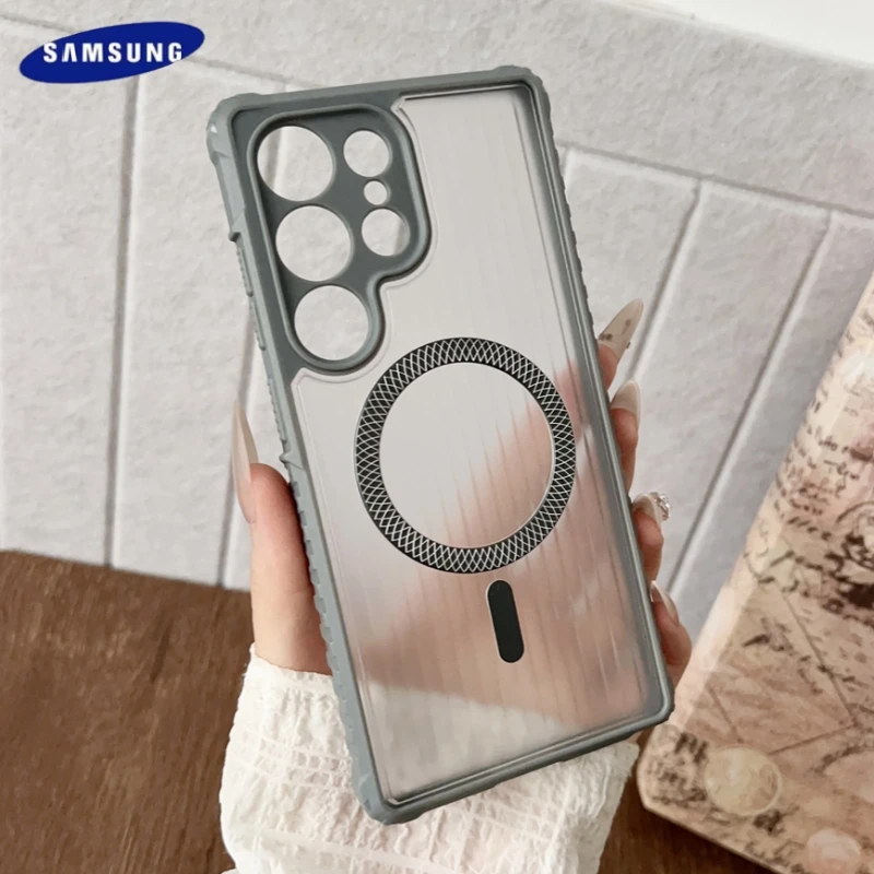 حافظة مغناطيسية شفافة غير لامعة لهاتف سامسونج جالاكسي S25 S24 S23 S22 Ultra Plus حماية لعدسة Magsafe للشحن اللاسلكي غطاء عمودي