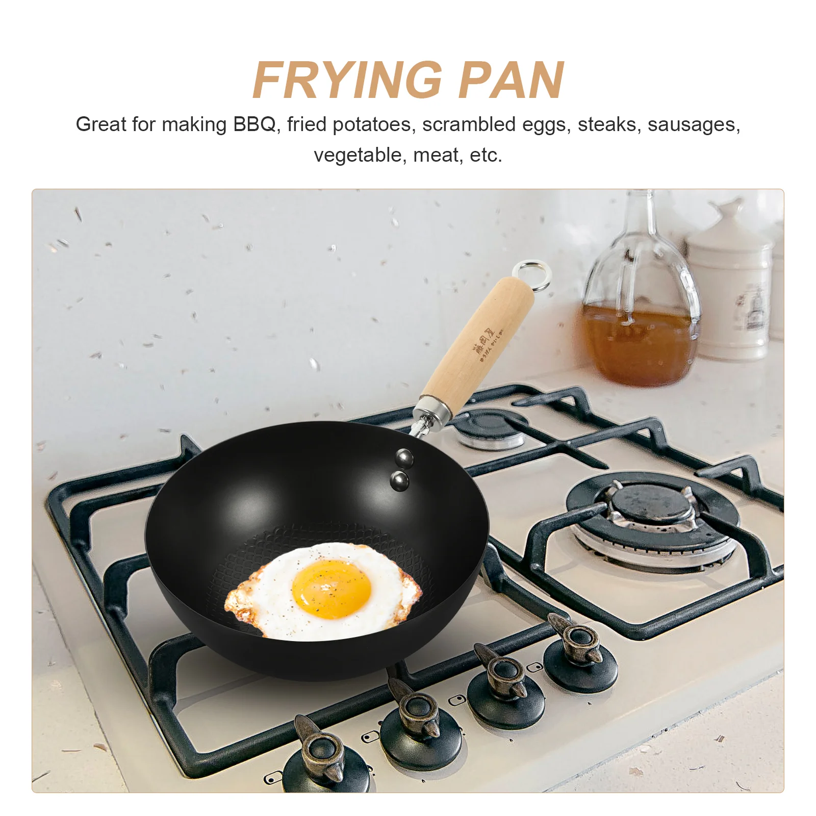 Flat Bottom Wok Pan Iron Everyday Traditional Small Cooking Gas Stove Frying Kitchen Cookware