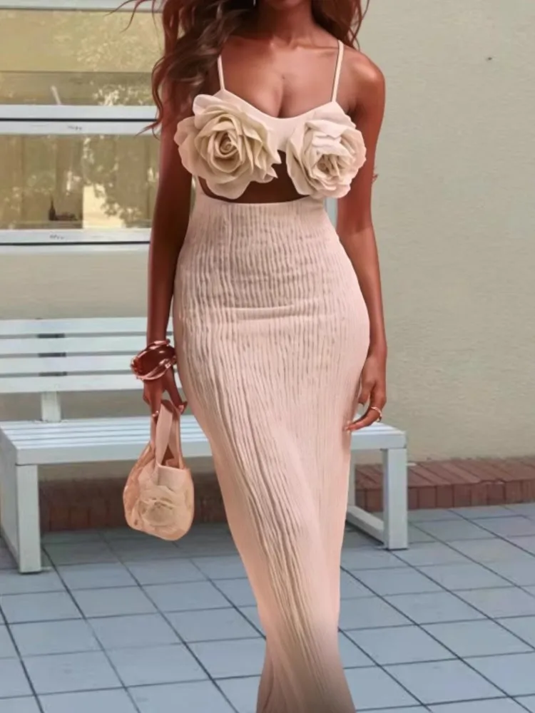 3D Bloemen Spaghetti Jurken Vrouwen Mode Sexy Hollow Out Backless Pakket Hippe Feestjurk Ontwerp Gevoel Banket Vestidos
