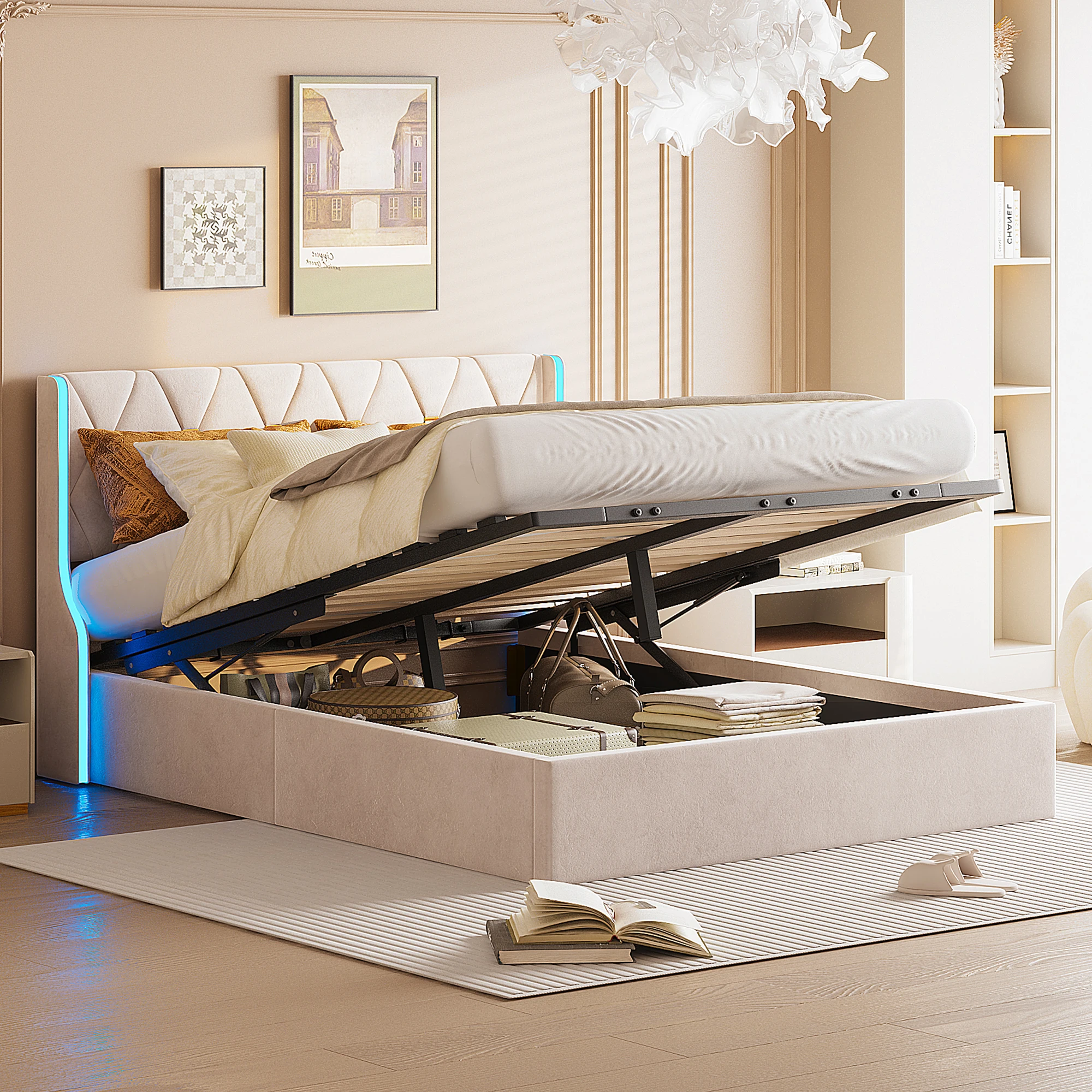 140x200/160x200cm samtgepolsterter Bettrahmen, mit LED, Doppelbett mit Stauraum, Bettrahmen Queen,