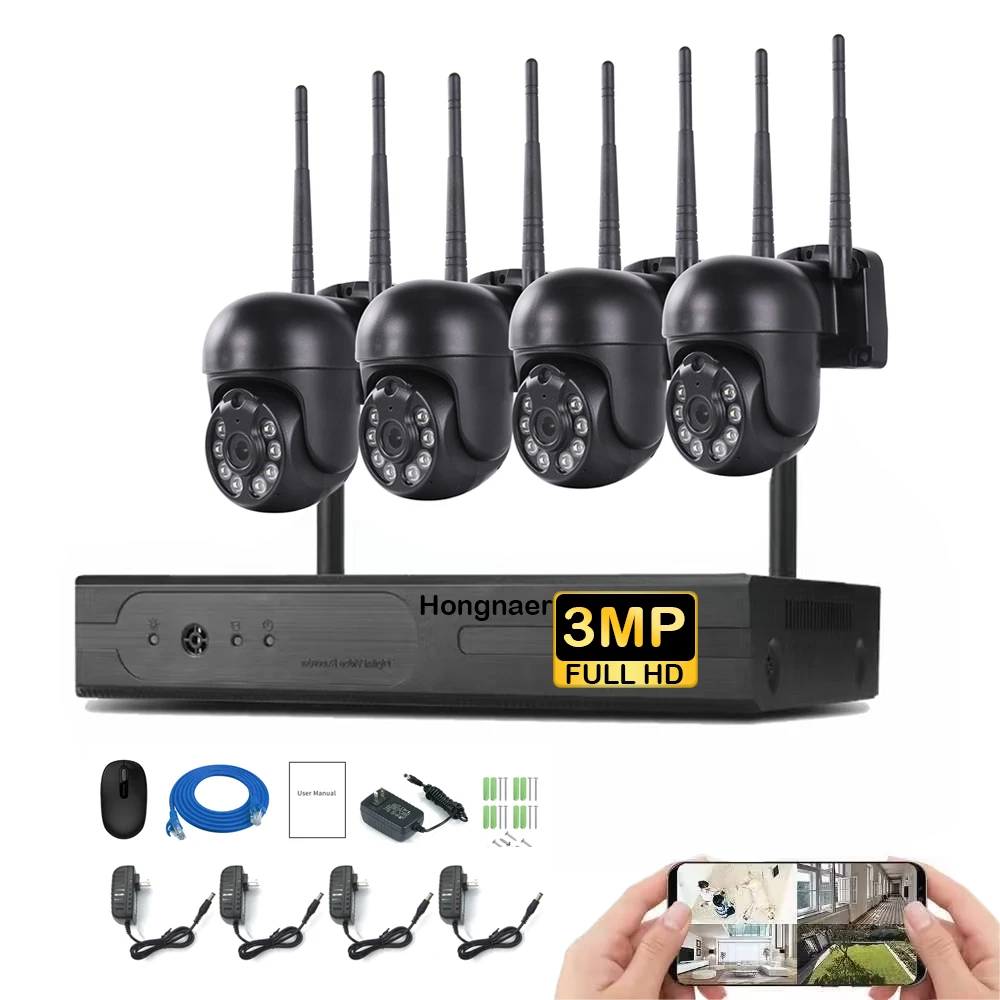 Plug and Play 3MP 4CH CCTV NVR Kit Wireless Home Security IP Camera Video Systems Outdoor WiFi PTZ Camera System