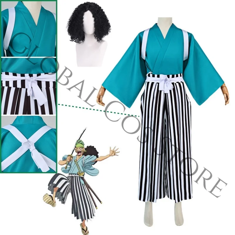 

Usopp Blue Kimono Cosplay Costume Wig Black White Vertical Striped Pants with White Waist Sash Set for Halloween Party Roleplay