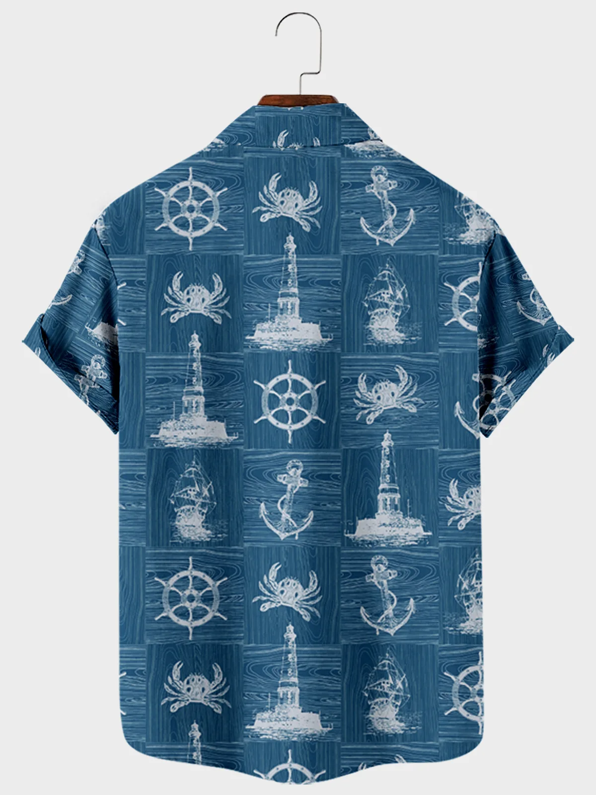 2021 Men's Casual Trend Harajuku Spring/Summer Nautical Pattern Shirt Short Sleeve Chest Pocket Design Fashion Print Button 2