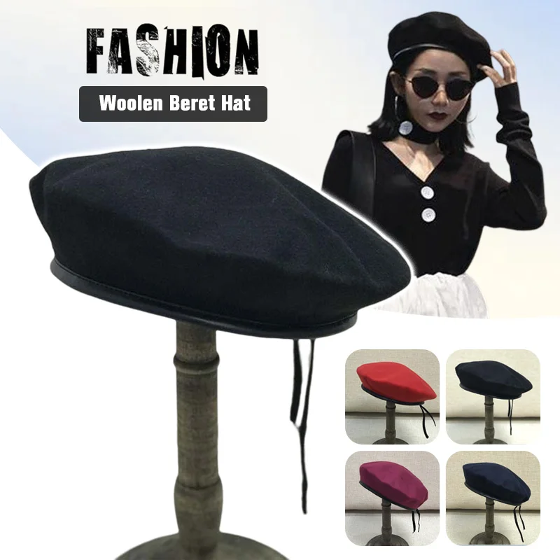 

Womens Mens Beret Cap Hat British Style Painter Hat Winter Woolen Berets PU Leather Trimmed Beret