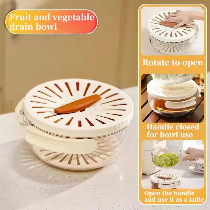 2-in-1 Foldable Fruit Drainage Basket Fruit Preservation Box with Lid Vegetable Washing Bowl Handle Cleaning Colander