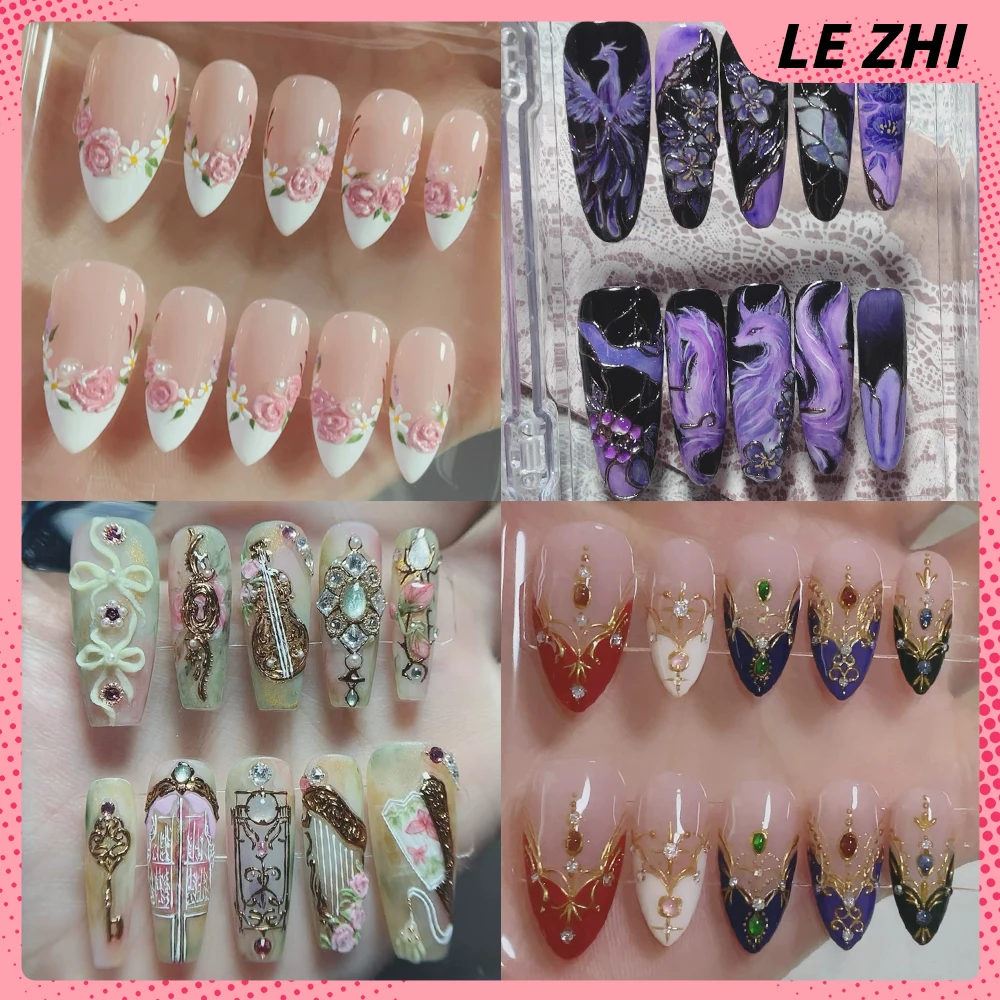 

High Quality Classical Handmade Wearable Press On Nails Luxury Court Style Phoenix Peony Koi Flowers Diamond Nail Party Stickers