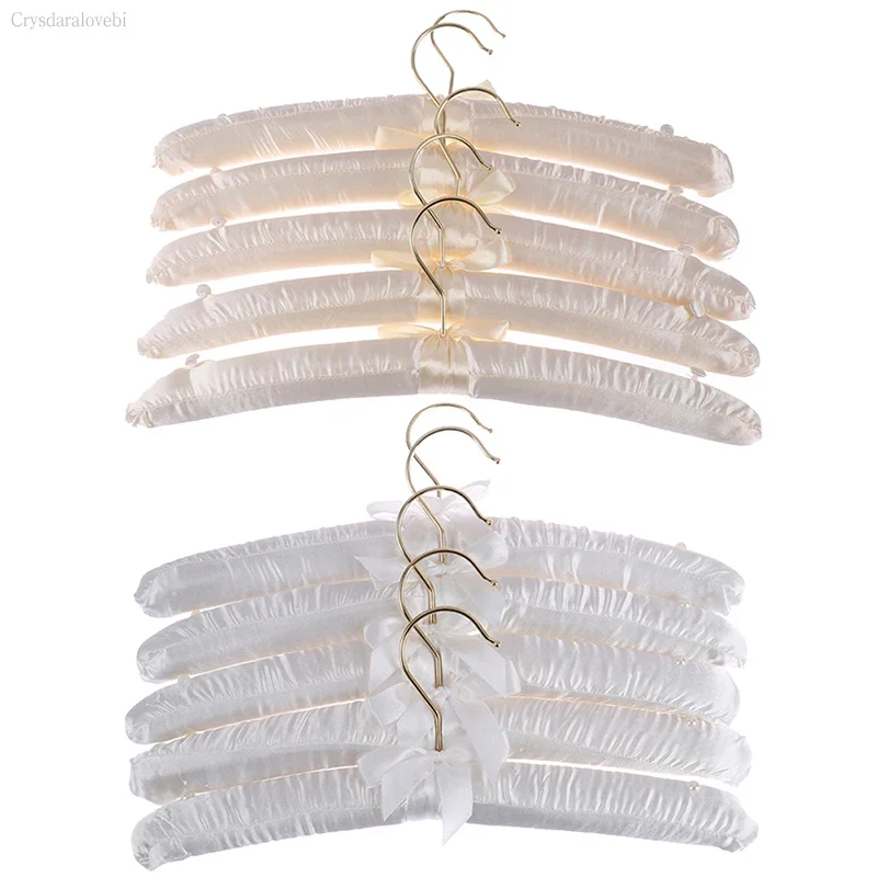 5Pcs 38cm Beige/ White Satin Padded Top Hangers Clothes Coat Top Grade Hanger Gold Hook