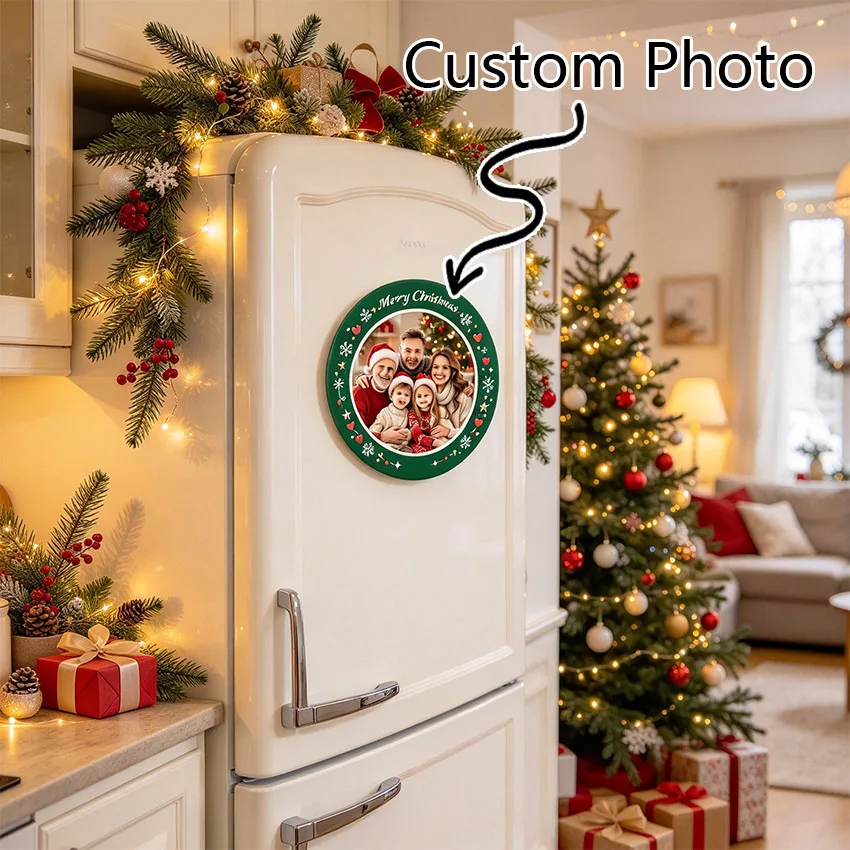 Personalized Custom Merry Christmas Round Photo Fridge Magnets, Customizable for Family, Couple Photos, and Christmas-Themed Magnetic Decorations. Stick It on the Refrigerator Surface to Decorate the Kitchen Space and Add a Warm Holiday Atmosphere. Turn Precious and Beautiful Moments into Magnetic Ornaments, Serving as Both Home Decor and a Unique Christmas Keepsake Gift for Parents and Family Members.