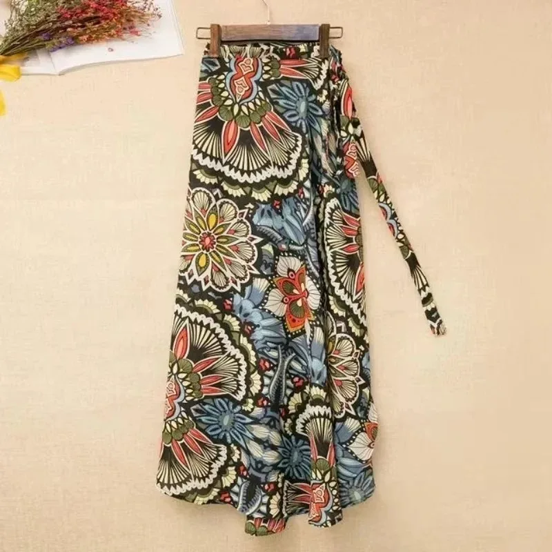Summer Beach Floral Skirt for Women Cotton High Waist Wrap Maxi Skirt Long with Side Slit & Tie Detail Boho Style Design