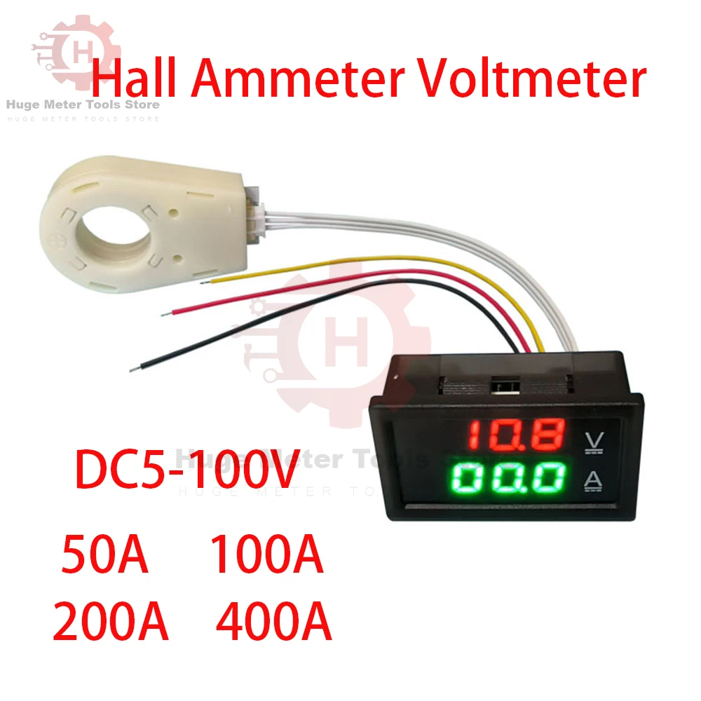 Hall Ammeter Voltmeter 50A 100A 200A Battery Monitor Current Voltage Meter Positive Negative Bidirectional Current Measurement 