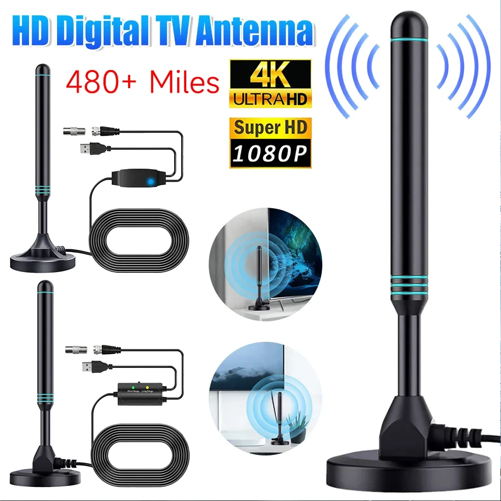 Antenne de télévision numérique HD 4K/1080P, Base magnétique, 480 + Miles, antenne intérieure et extérieure VHF UHF, antenne numérique HD pour récepteur TV DVB-T2