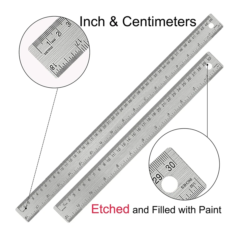 Metal Ruler Stainless Steel Ruler With Cork Backing:(12+18 Inch) Stainless Steel Ruler Non-Slip Rulers With Inch And Centimeters