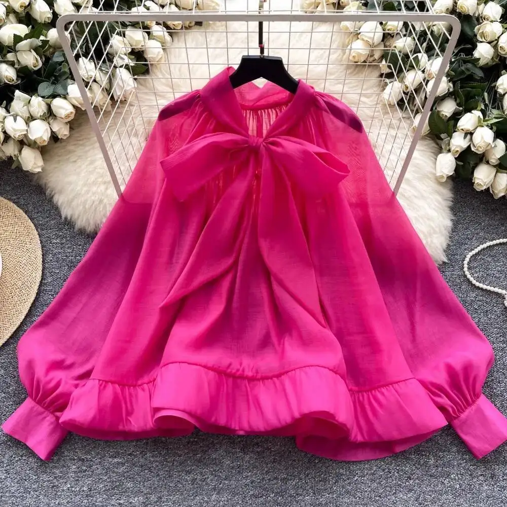Vintage Light Ripe Wind ขั้นสูงเสื้อชีฟองพัฟเสื้อ \ \ \ \ \ \ \ \ \ \ \ \ \ \ \ Bow หลวมตาข่าย Elegant เสื้อ Office Lady เกาหลี Blusas