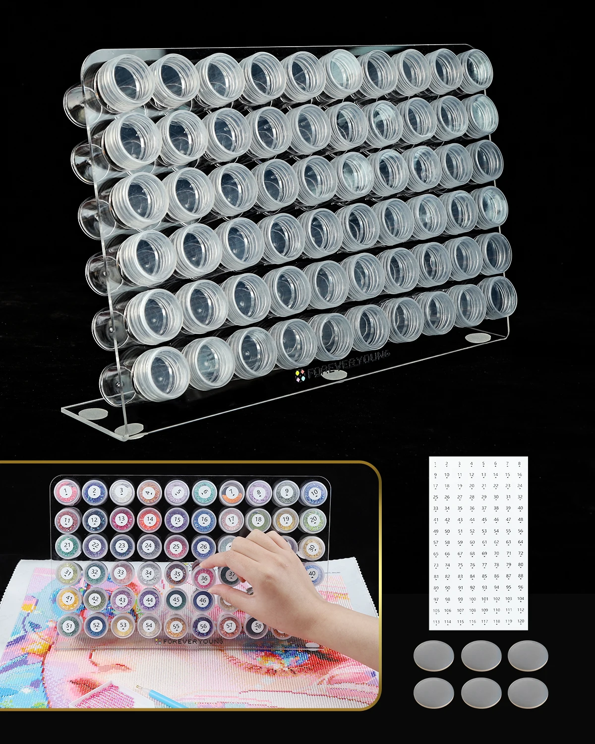 Organizador de Acrílico FOREVER YOUNG para Pinturas de Diamantes con 60 Frascos - Organizador para Brocas de Diamantes, Suministros de Arte y Manualidades