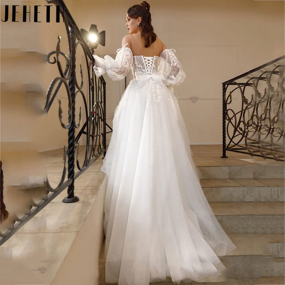 JEHETH Romantic A-Line Off Shoulder Wedding Dress Simple Three Quarter Sleeves Tulle Bride Gowns Lace Up Applique robe de mariée