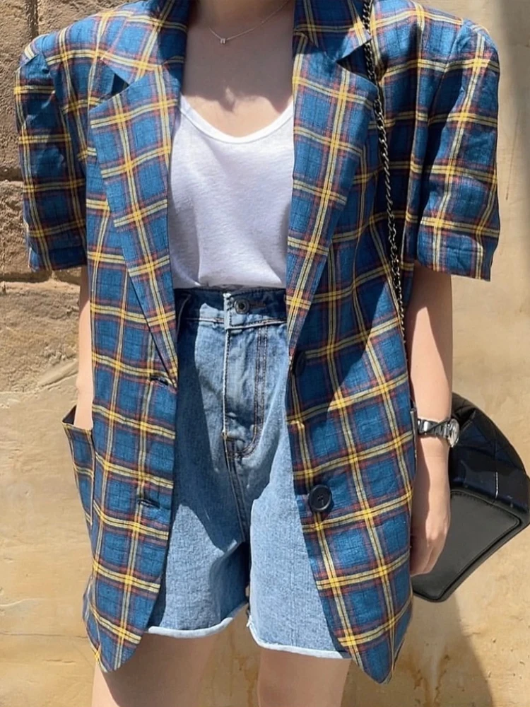 

Retro Plaid Women's Light Loose Fit Short Sleeve Suit Jacket Chic Versatile Summer Outerwear Casual Commute Style Chinese Pro...