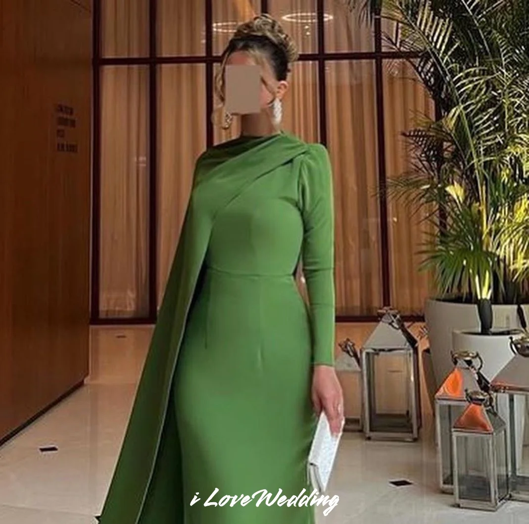 

Green Satin Prom Dresses 2025 Long Sleeve Floor-Length Mermaid Elegant Long Train Evening Dress Wedding Party Dress Customized