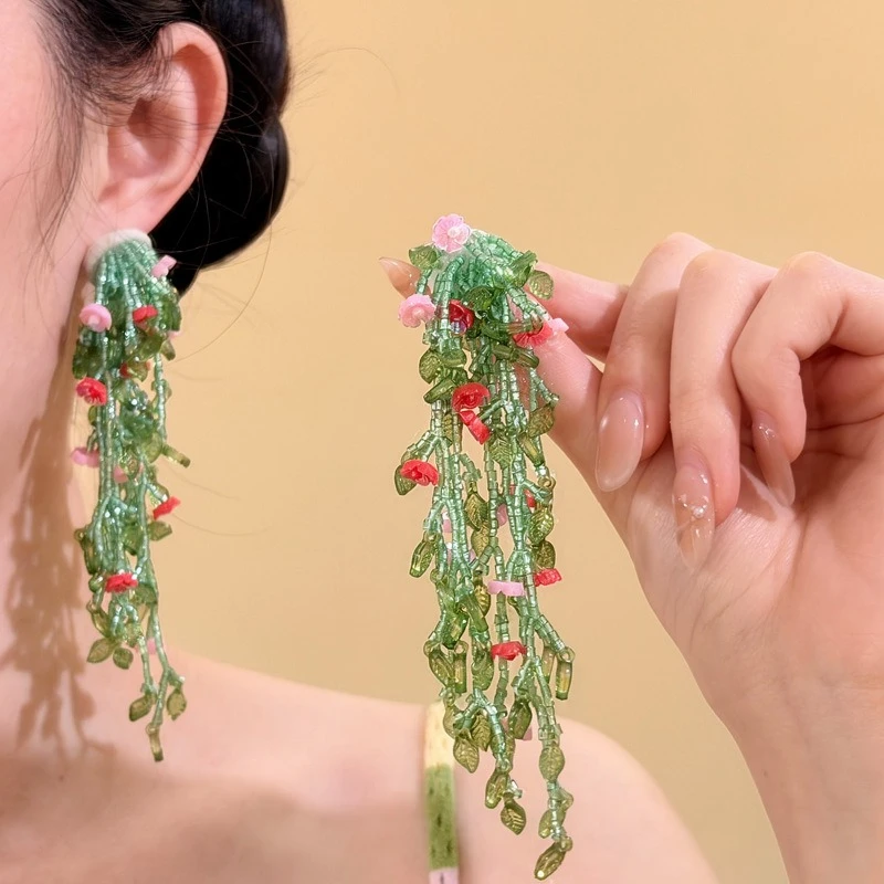 

Green Glass Beaded Tassel Dangle Earrings for Women Girls Resin Leaf Flower Drop Earring Charms Party Vacation Resort Jewelry