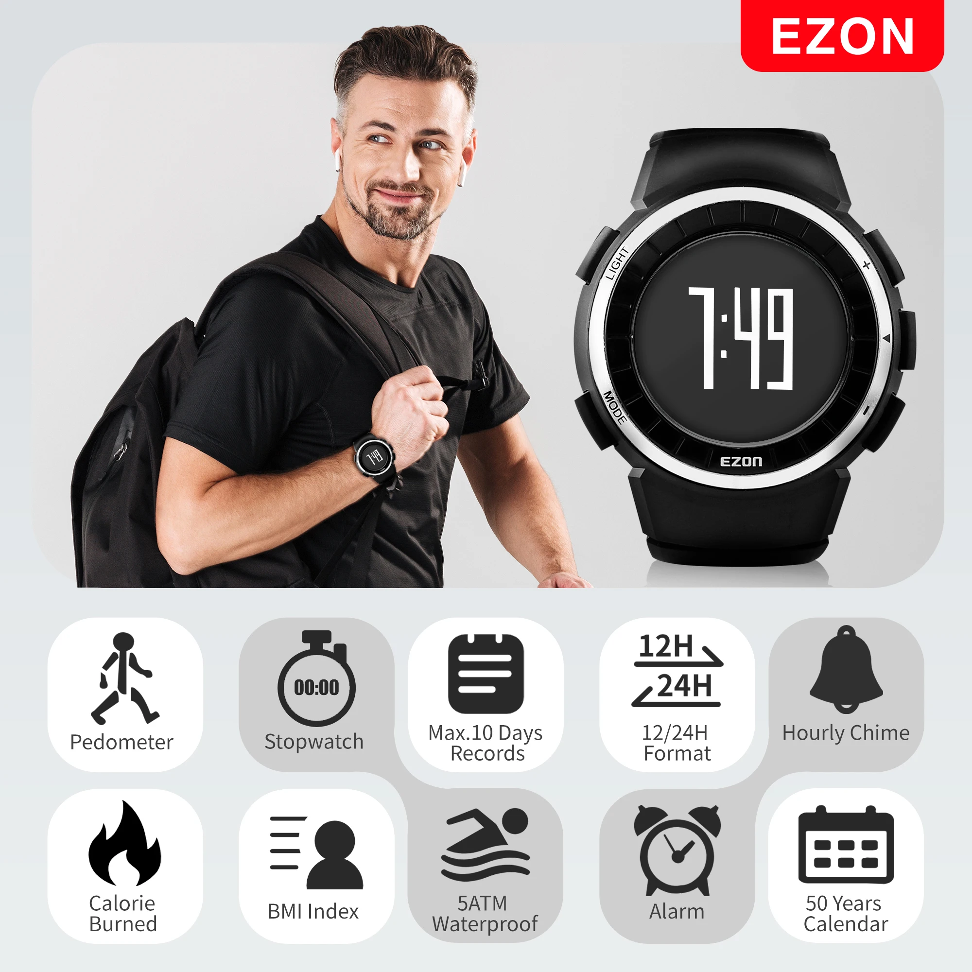 EZON T029 Men Sports Watch Pedometer Calories Chronograph Fashion Outdoor Fitness Watches 50M Waterproof Digital Wristwatches