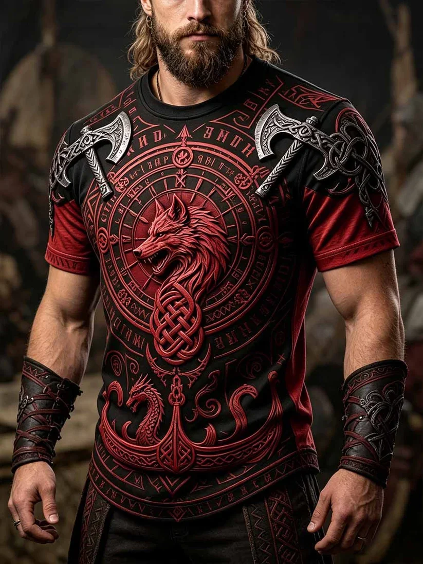2027 Summer Best-selling Men's Vintage Viking Style 3D Printed Outdoor Sports Breathable Quick-Drying T-Shirt Family Style Shirt