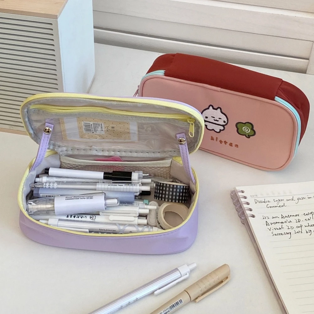 Kawaii سعة كبيرة مقلمة كرتونية لطيف القط مربع الكورية حقيبة أقلام رصاص المحمولة مستحضرات التجميل تخزين حقيبة مستحضرات تجميل الطالب