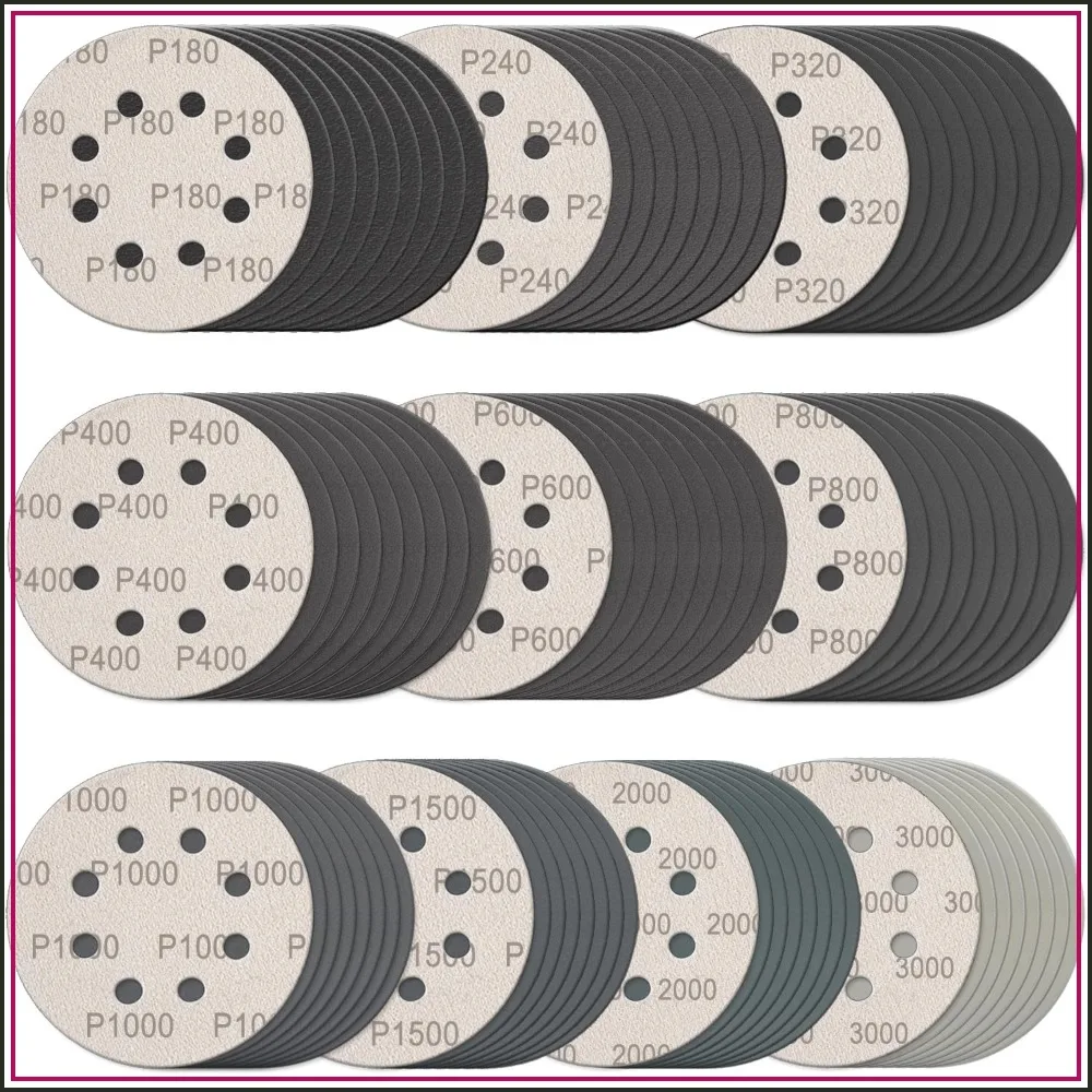 

100 Pcs 5 Inch Sanding Discs, 8 Holes, 180-3000 Grit, Hook & Loop, Wet Dry for Wood Metal