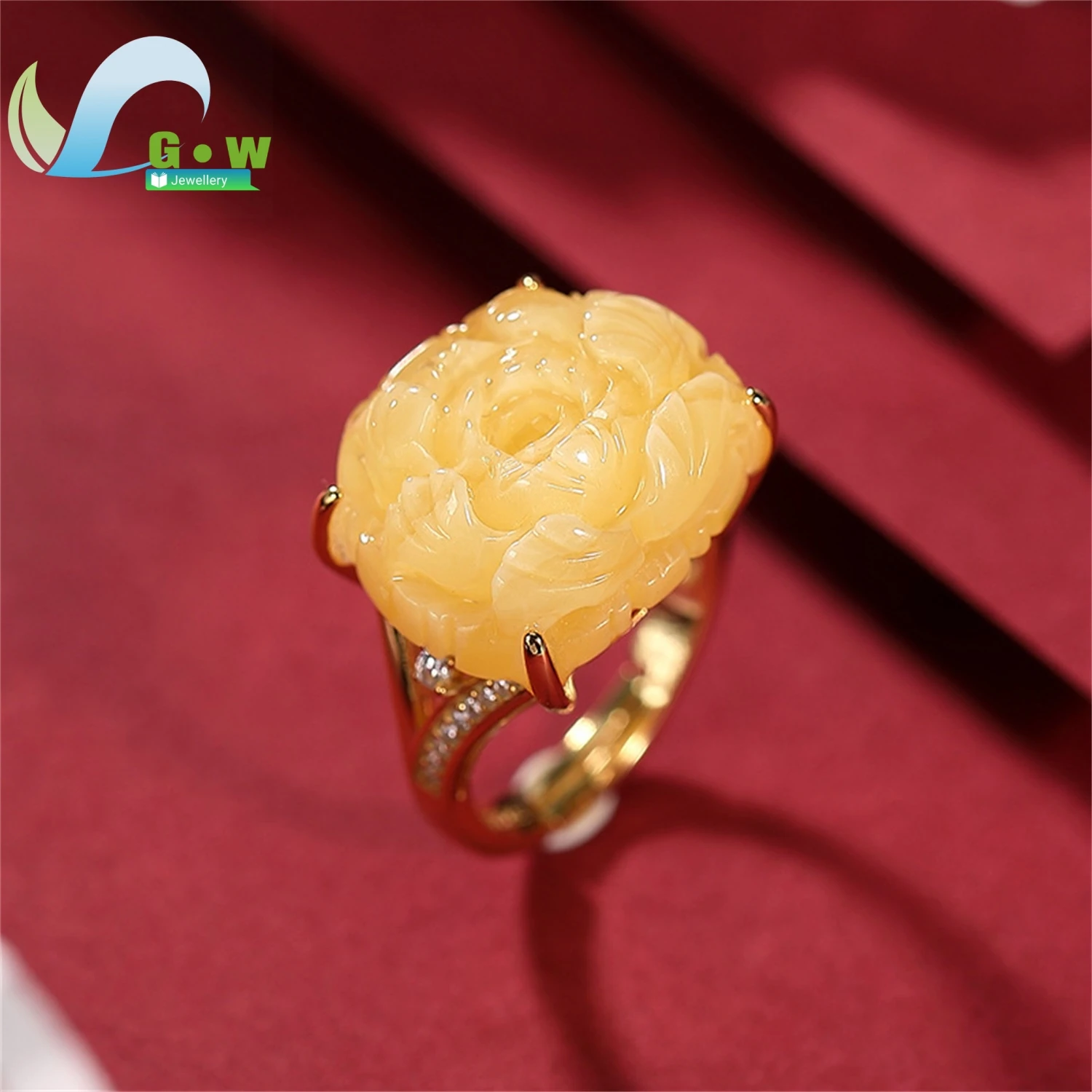 

Высокое качество S925 серебро позолоченный янтарь инкрустированное женское открытое регулируемое кольцо винтажное кольцо с цветком пиона в китайском богемном стиле ювелирные изделия