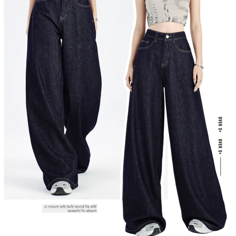 

Wide Leg Jeans Women Straight Pants High Waist 2025 Streetwear Distressed Washed Pockets Floor Length Mom Club Denim Trousers