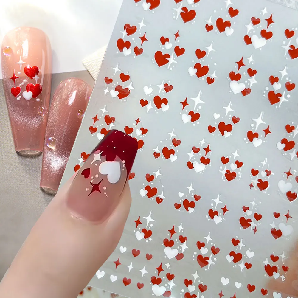 1pcs 5D Relief Valentines Love Heart Nail Stickers Red White Heart /Star Nail Decals Valentines' Day Mainicure Nail Decoration