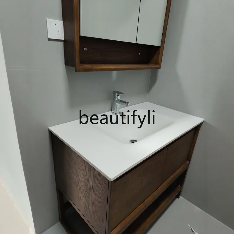

1*American solid wood bathroom cabinet combination floor-to-ceiling rock slab ceramic integrated basin toilet washbasin