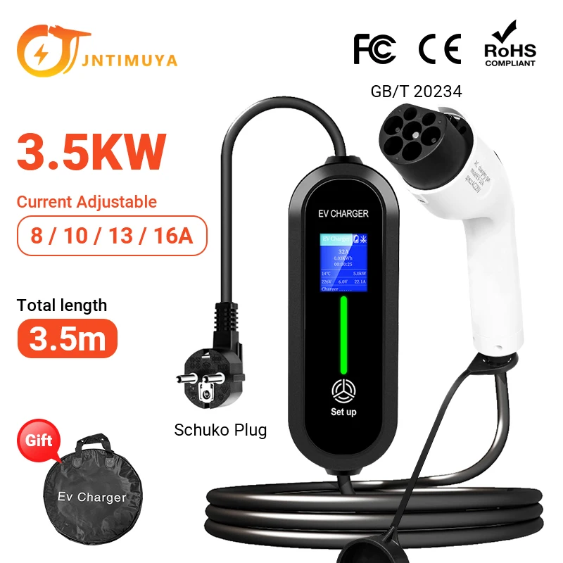 JNTIMUYA 3.5KW Portable EV Charger for Tesla Model3 EVSE Fast Charging Cable Schuko Plug Electric Car Wallbox adjustable current