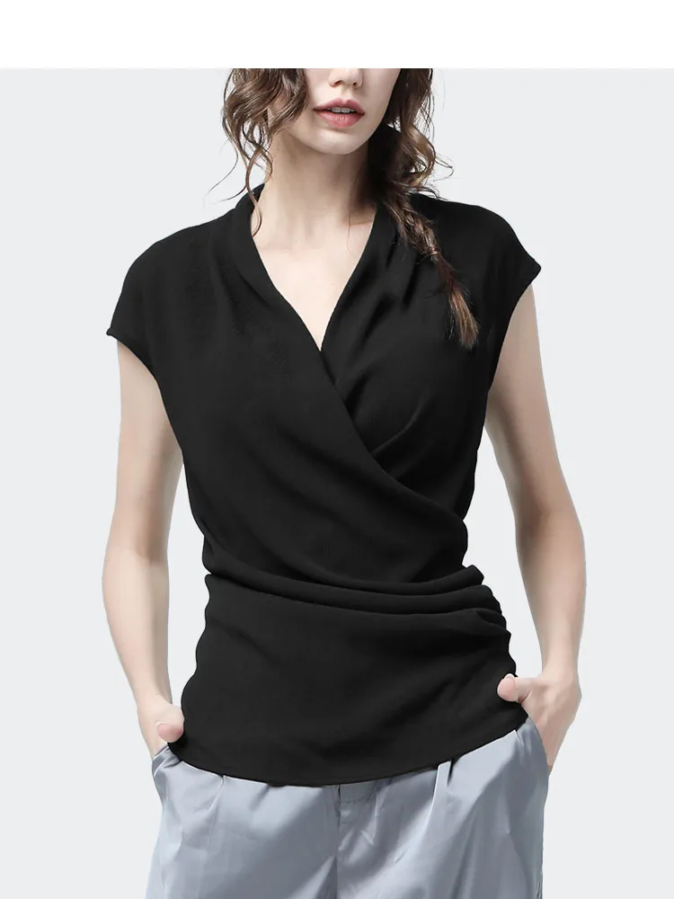 Women\' Wrinkle-free Chiffon Blouse V-neck Short Sleeve Summer Tops Solid Color Casual Office Ladies Sleeveless Shirt