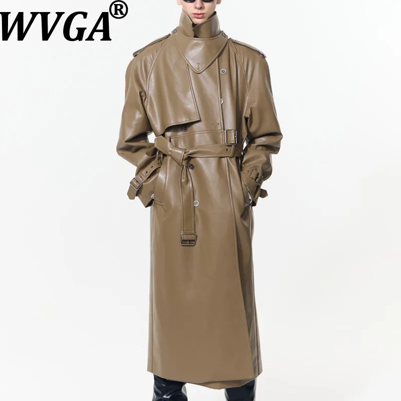 

WVGA Зимний новый мужской топ из искусственной кожи, двубортный воротник-стойка, модные нишевые шикарные повседневные плащи с застежкой на талии W14967