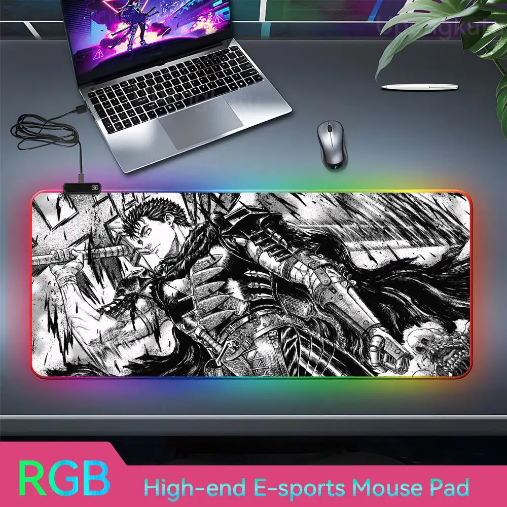 B_berserk Desk Cover Mouse Pc Setup Accessories Pad Cute Desk Accessories RGB Rubber Mouse Pad LED Cool 3 mm Mouse Pad Lamp Anim