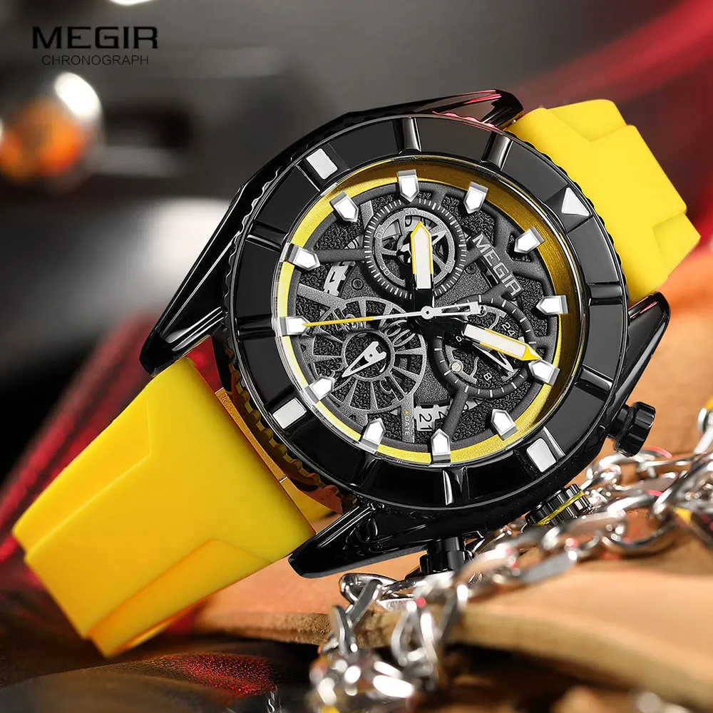 

MEGIR Military Sport Watches for Men Fashion Chronograph Quartz Wristwatch Man Yellow Silicone Strap Waterproof Watch часы 2209