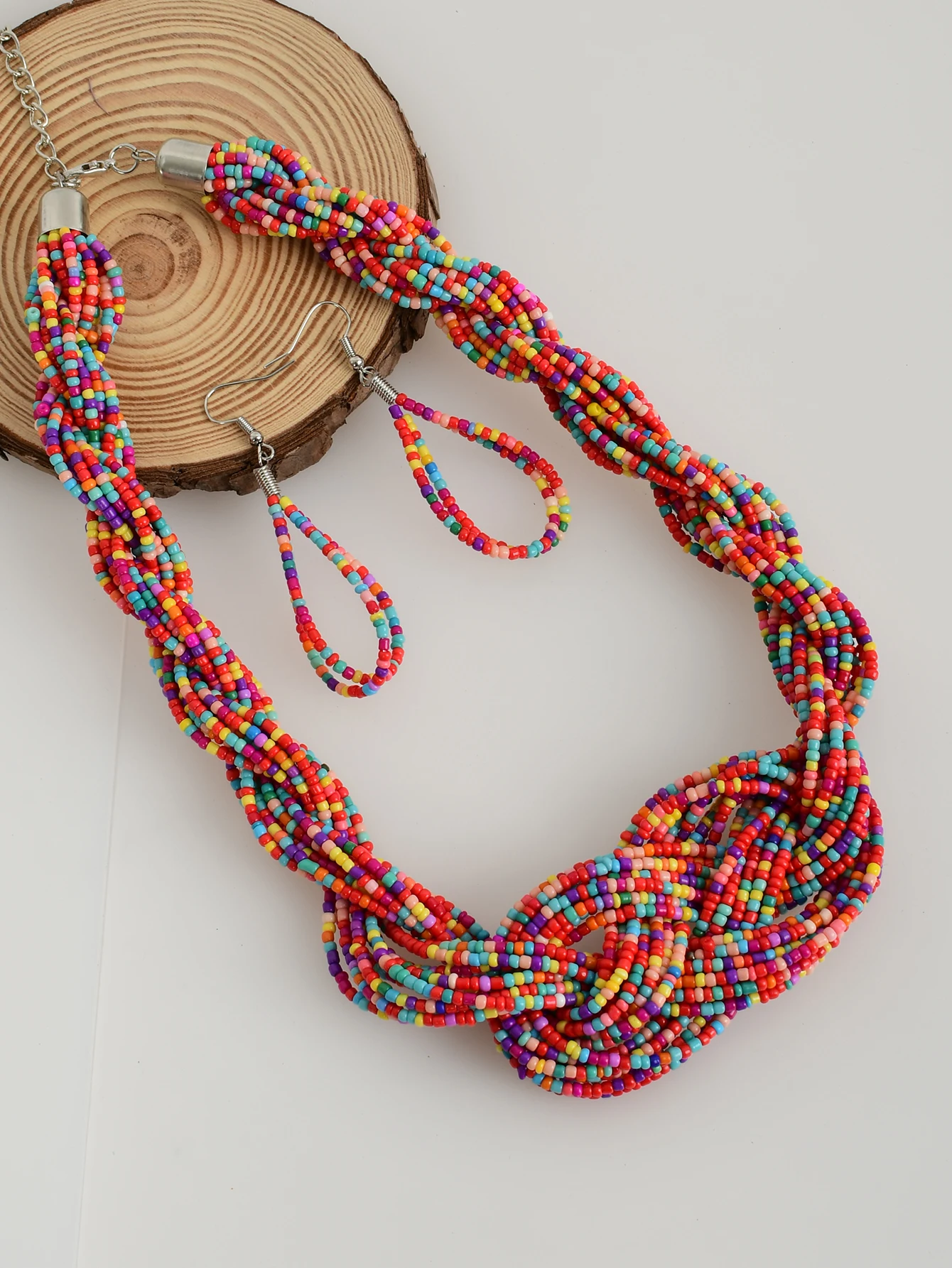 3-piece set of European and American fashion colorful multi-layer rice bead handmade woven necklace earrings set Bohemian style