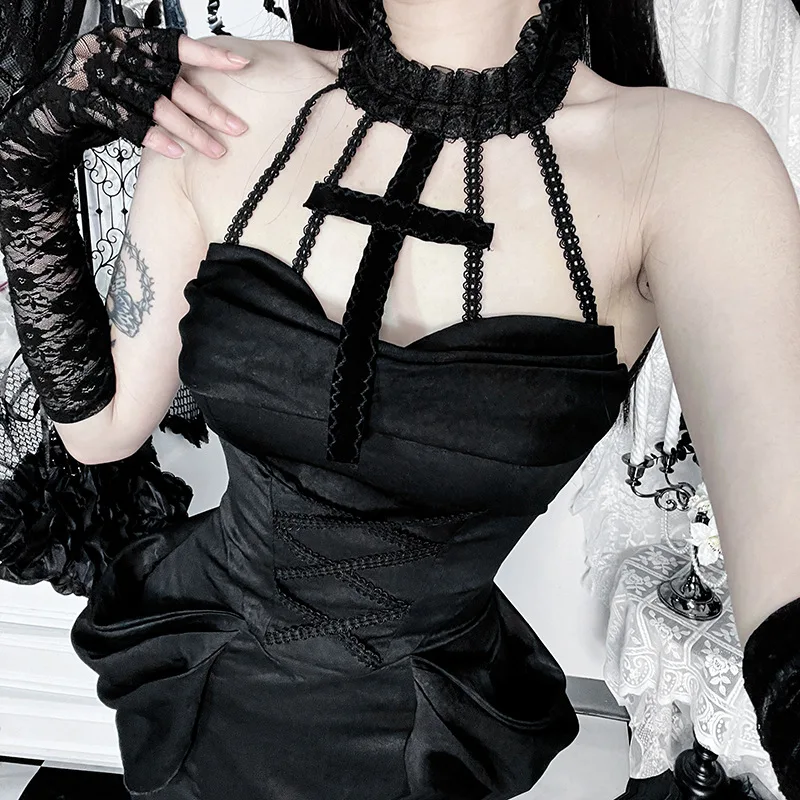 القوطية قبالة الكتف فستان حفلة موسيقية المرأة الدانتيل انظر من خلال مثير زلة فساتين Y2k الأسود تقسم ذيل السمكة تنورة الزي الإناث مهرجان