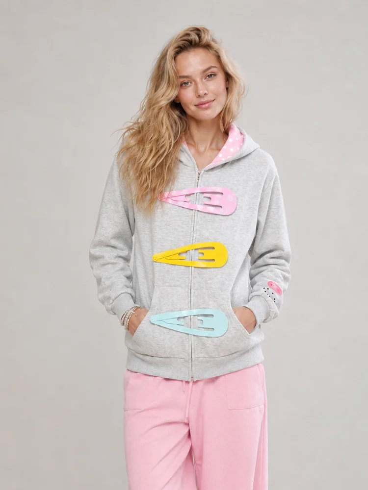 Autumn and Winter Women's Y2K Oversized Hair Clip Polka Dot Hoodie Lined with colorful Pattern Printed Long-Sleeved Sweatshirt