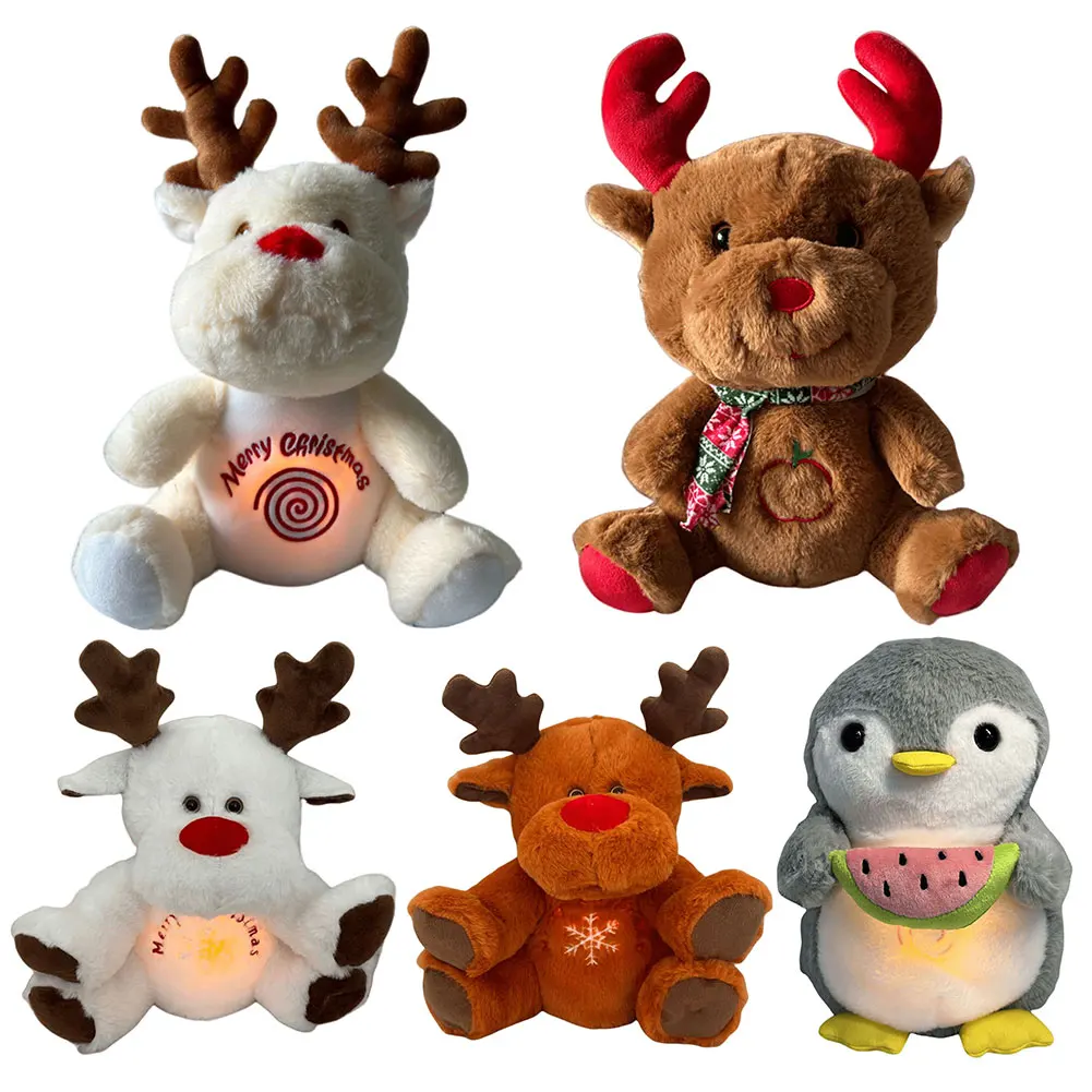 Christmas Elk Plush Stuffed Animal with Music Lights Rhythmic Breathing Motion Baby Sound Machine Plush Doll Gifts for Newborns