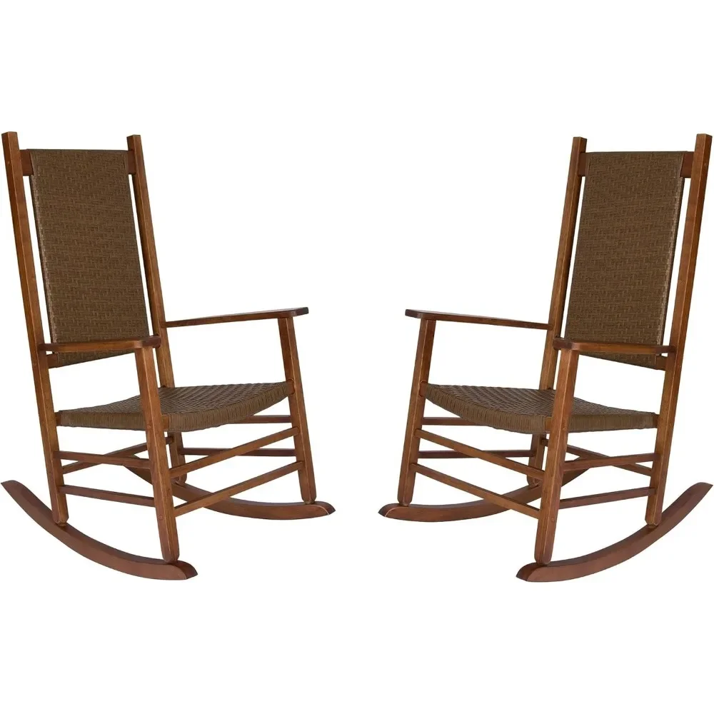 

Set of 2 Porch Rockers, High Back Wood Rocking Chairs, Rattan Backrest & Seat, 2-Pack|