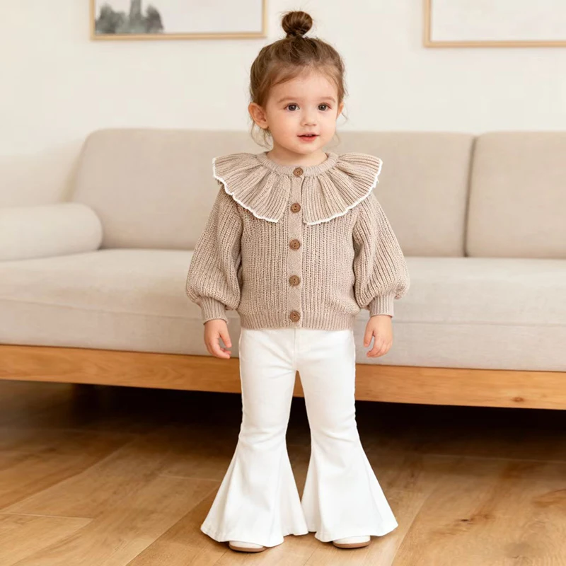 

Осенний вязаный свитер для маленьких девочек от 0 до 3 лет, зимний свитер с круглым вырезом и круглым вырезом из чистого хлопка, детское вязаное однотонное пальто