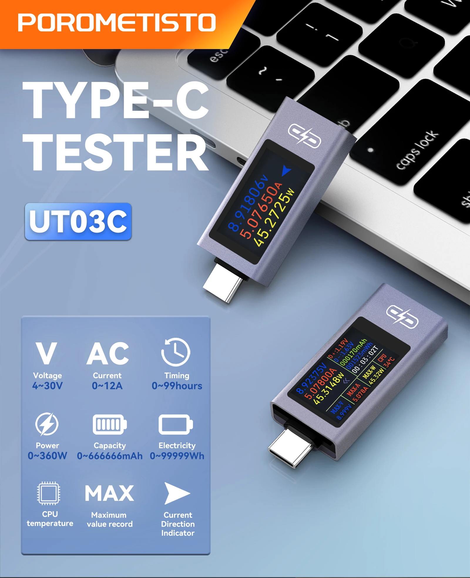 UT02C UT03C Typ-C Tester Multifunktions-Digitalanzeige DC Spannung Strom Leistungsmesser Telefon Ladetester DC 4-30V 0-12A – Detail 15