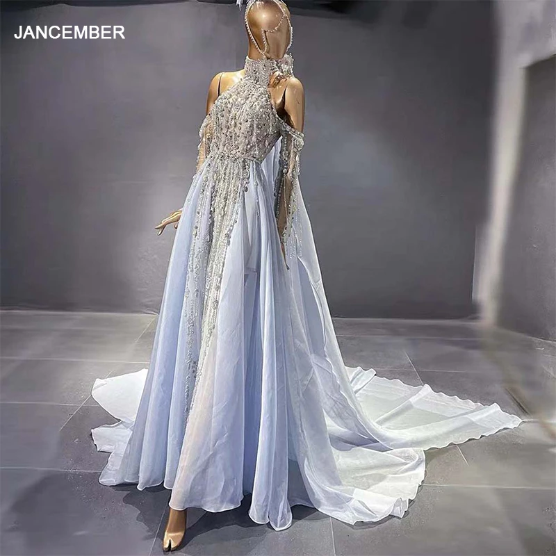 Jancember Crystal Pearls Dubai Evening Dress With Cape Long Sleeve High Neck Elegant Women Formal Dress For Wedding Scz141