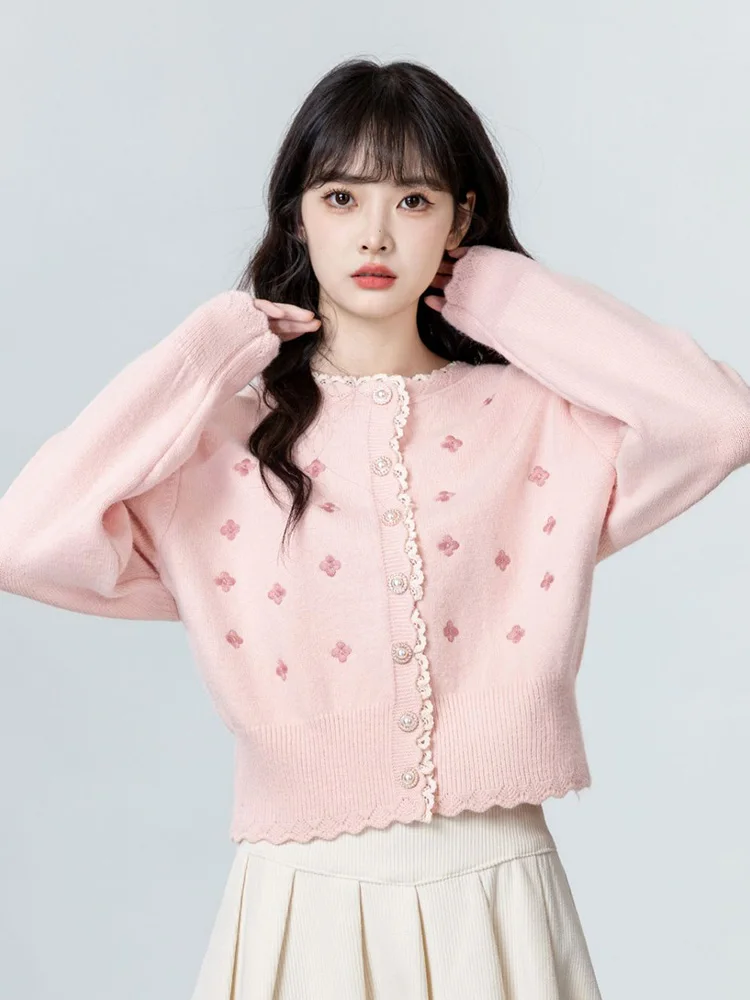 Cardigan rose en dentelle douce pour femmes, Slim, broderie, col rond, pull tricoté, mode coréenne, Style Preppy, hauts à manches longues, nouveau