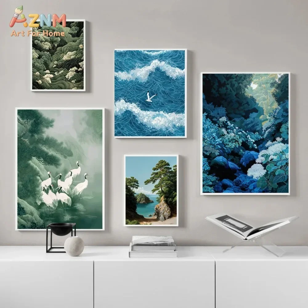 AZNM Frameless Canvas Poster Oriental Nature Landscape Print, Red-crowned Crane Ocean Wave Forest Mountain Traditional Asian Sce