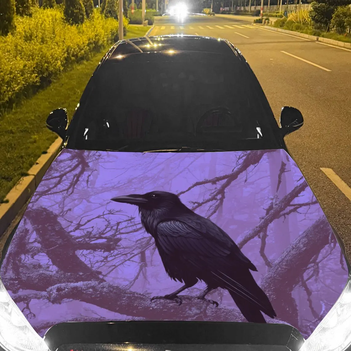 Car Decals Raven on Branches with Purple Background Car Hood Sticker, Waterproof Self - Adhesive Vinyl Graphics Decals, Decorati