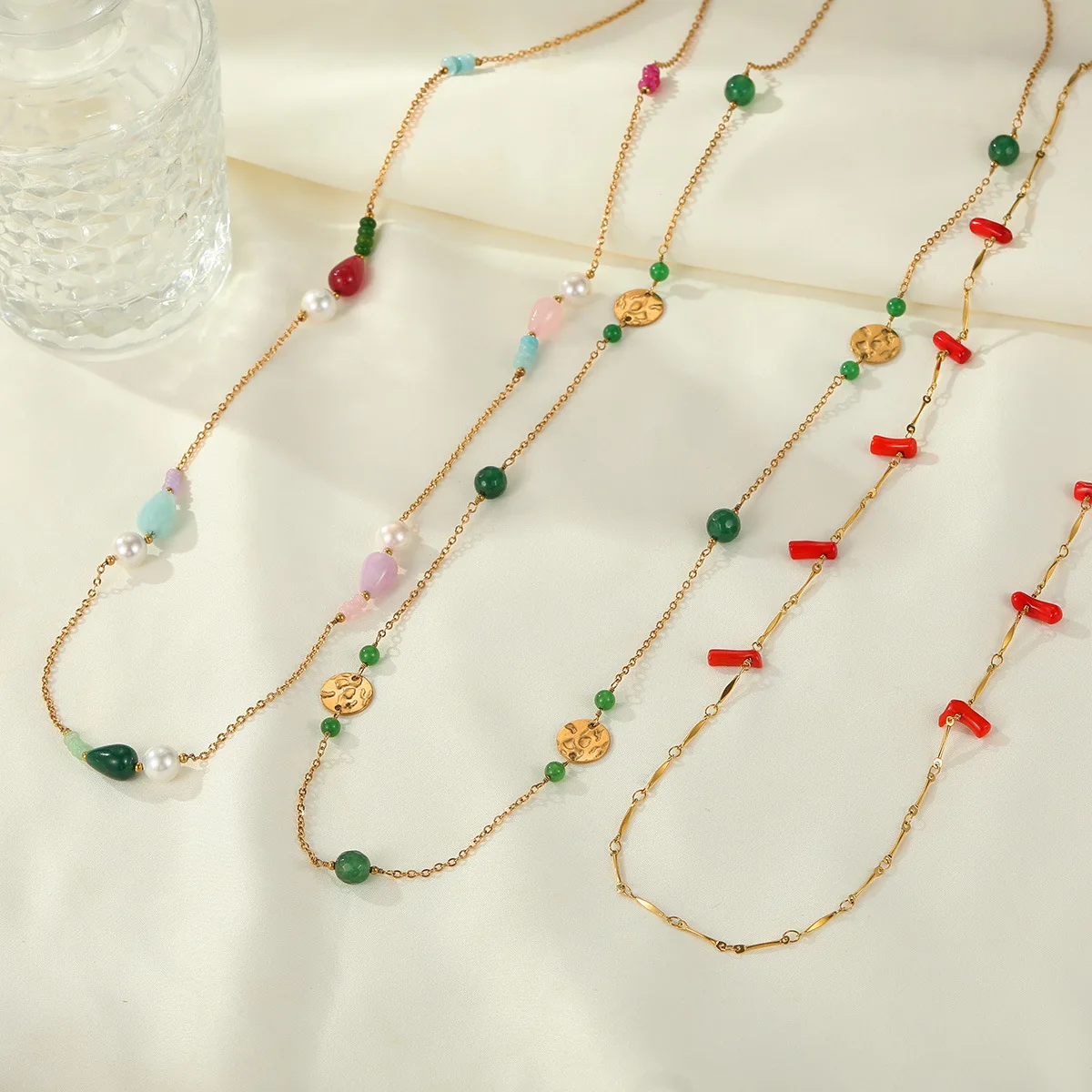 18K Gold Boho Multi Layered Pearl Colorful Stone Necklace,Waterproof Non-Fading Stainless Steel,Beachy Coral Layering Jewelry