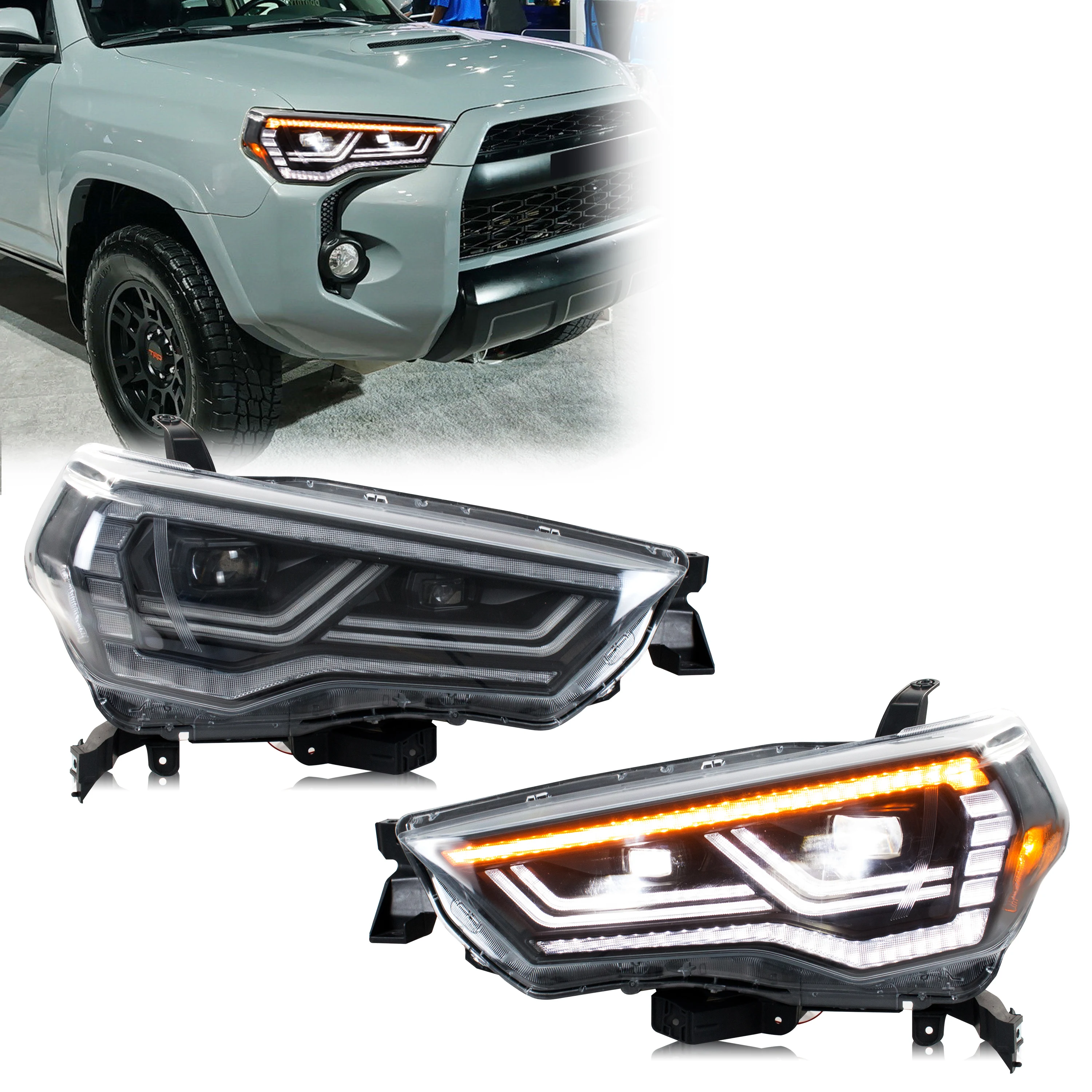 

Светодиодные фары для Toyota 4Runner 2014-2024 5-го поколения SR5 TRD с ДХО, проектором и последовательным сигналом поворота, комплект передних фар