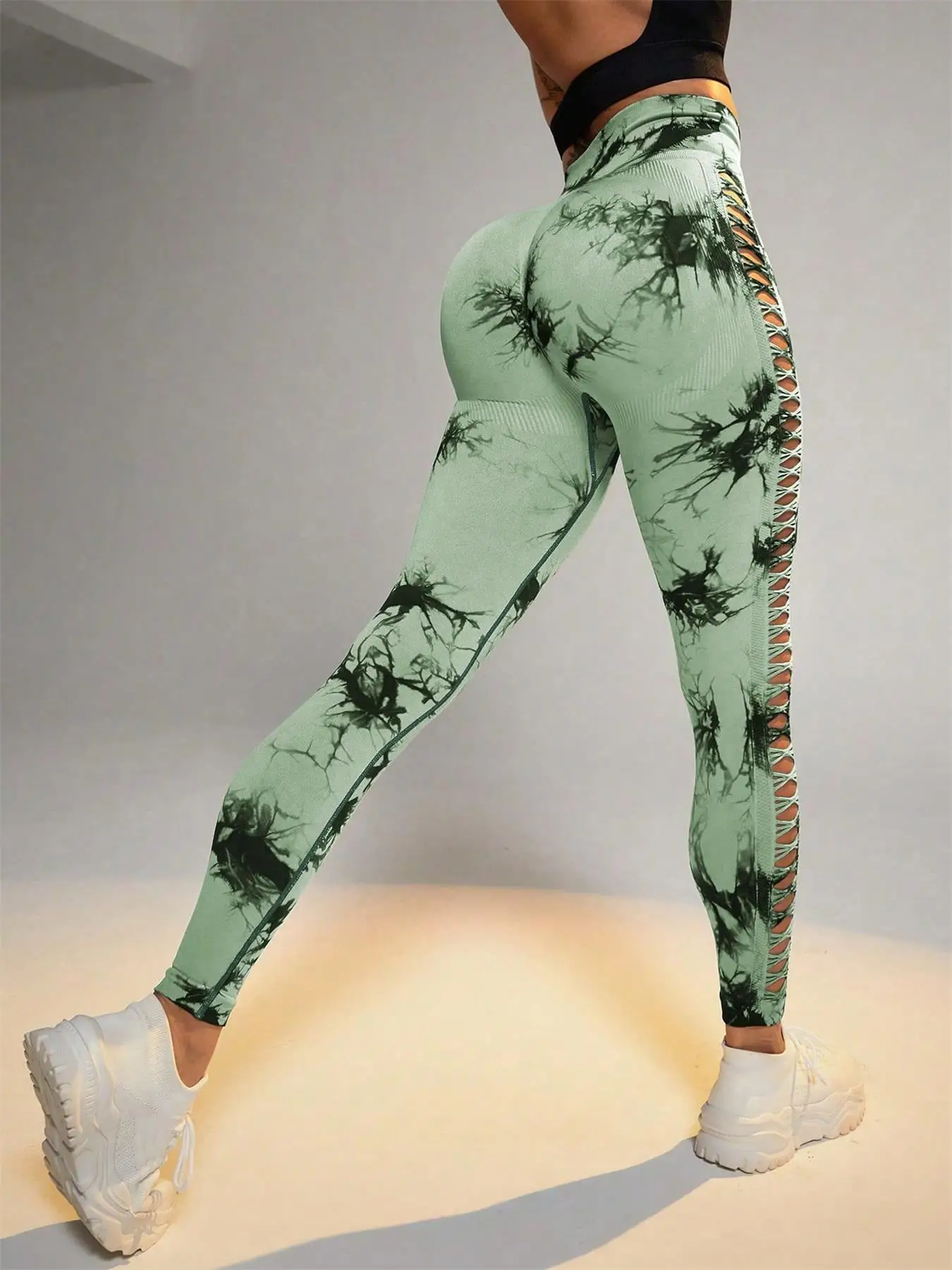 Women\'s Seamless Hollow Out Tie-Dye High-Elastic Compression Workout Leggings, For Yoga & Fitness